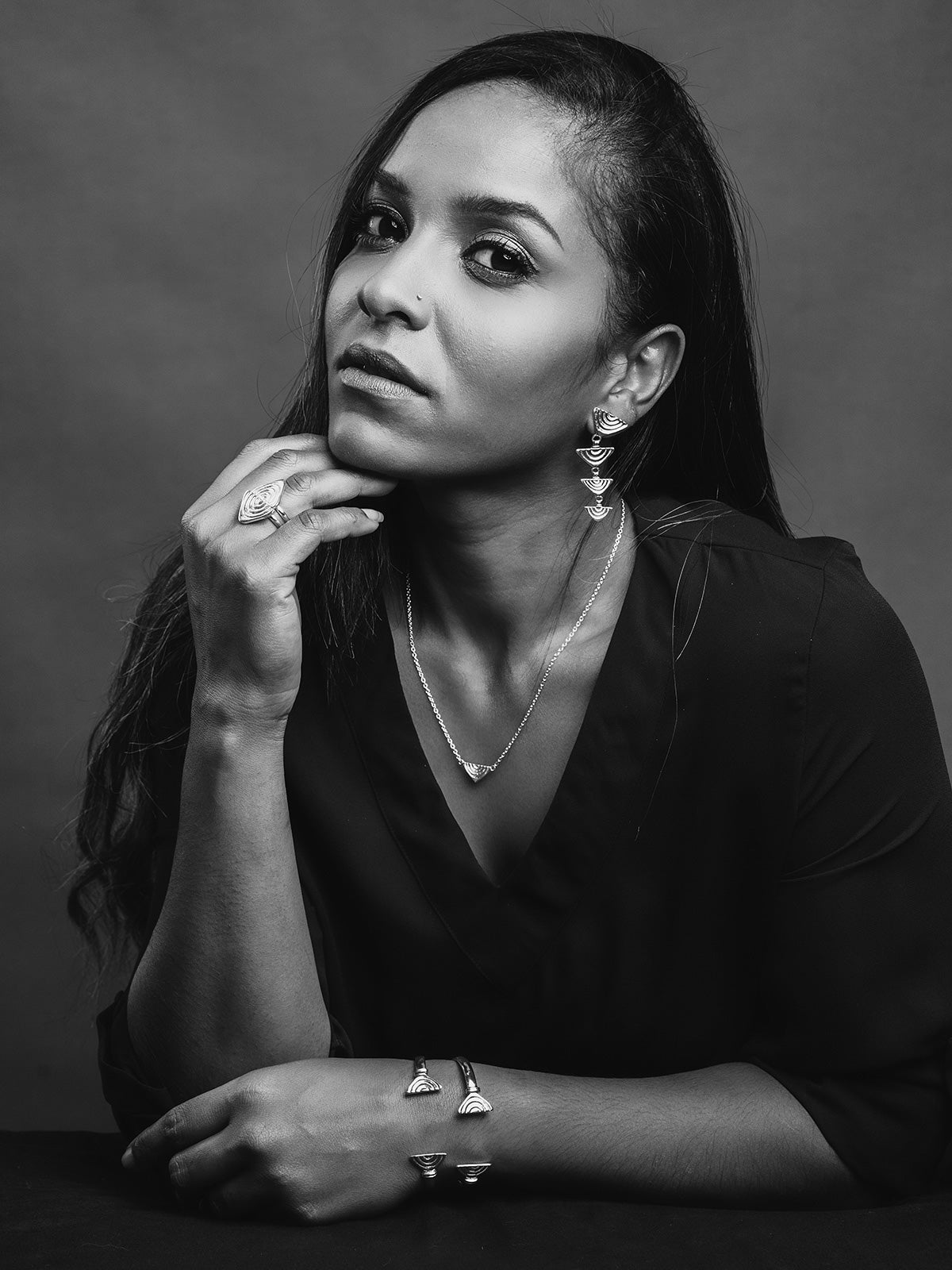 Model wearing Patrick Mavros Vakadzi Graduated Earrings Sterling Silver